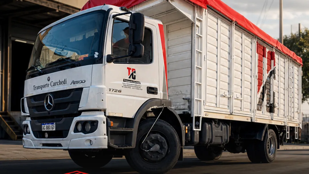 Mercedes-Benz Atego 1726 con arco y lona roja de Transporte Carchedi
