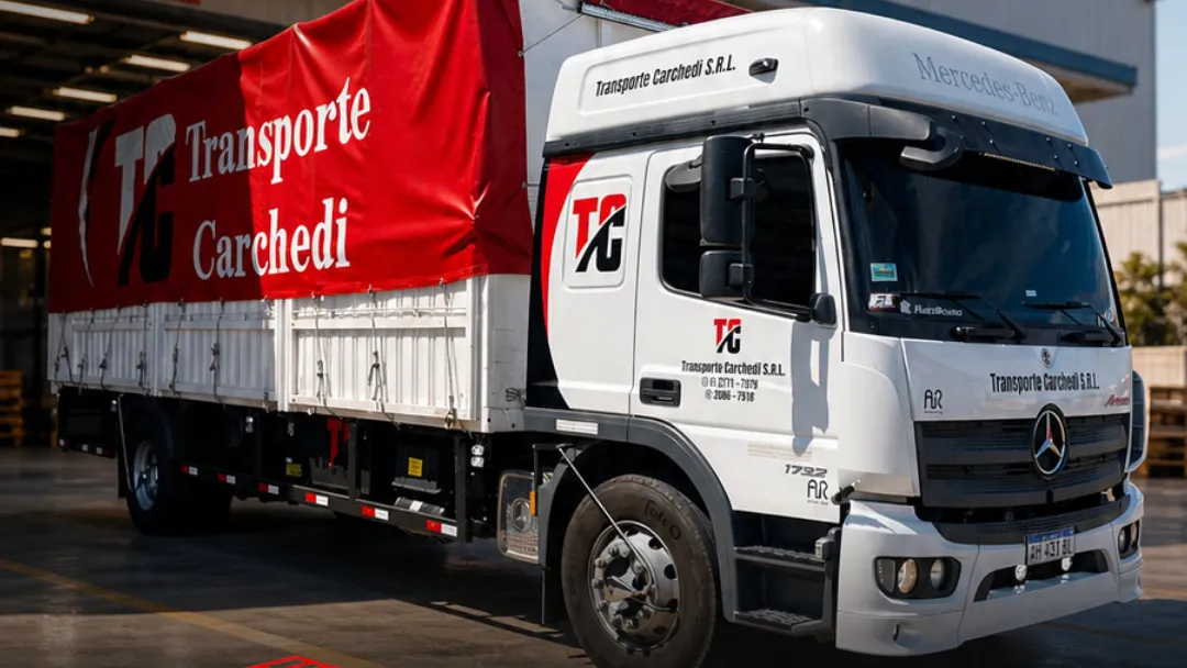 Mercedes-Benz Atego 1732 media baranda con lona roja de Transporte Carchedi
